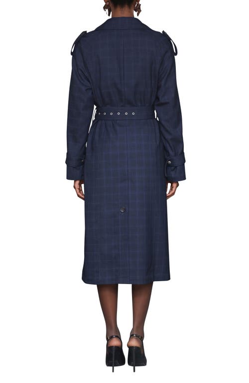Avec Les Filles Plaid Double Breasted Belted Trench Coat In Blue