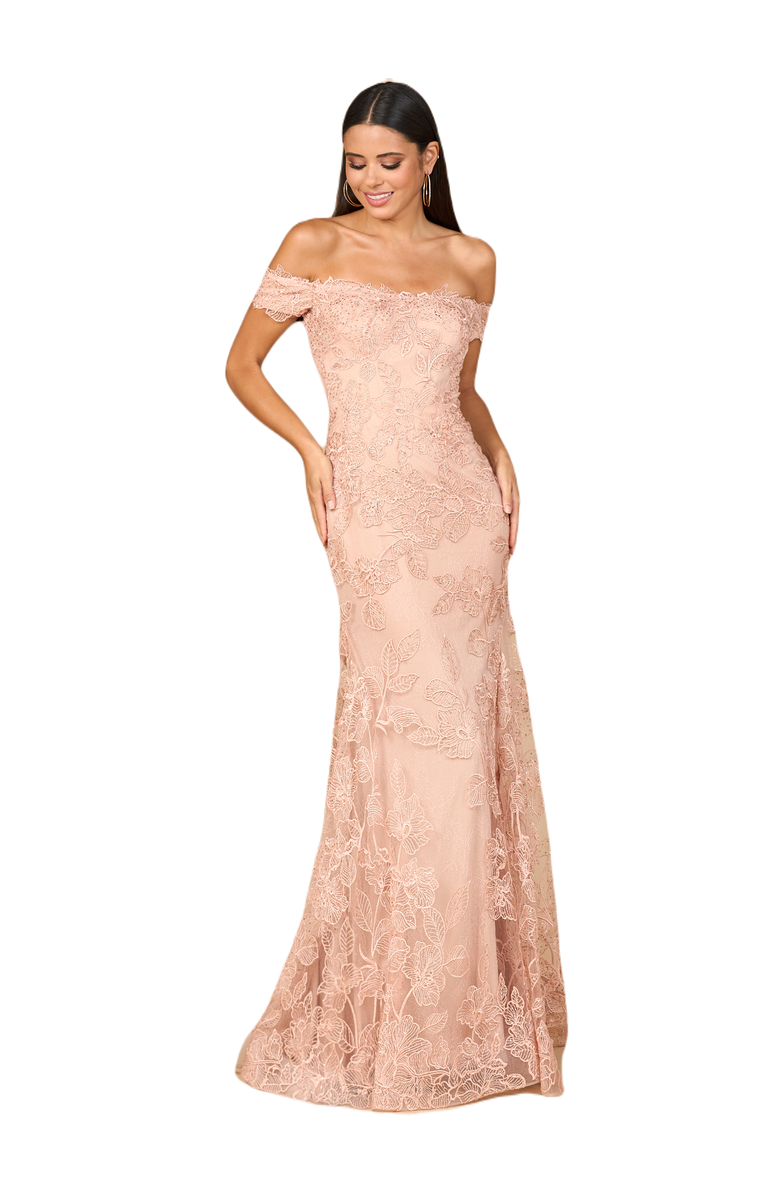 LARA New York Off Shoulder Lace Mermaid Gown, Main, color, Blush