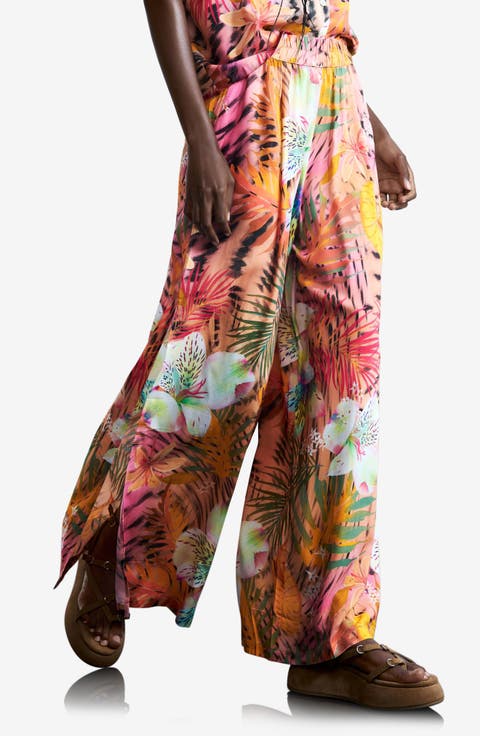 Tropical Print Wide Leg Trousers