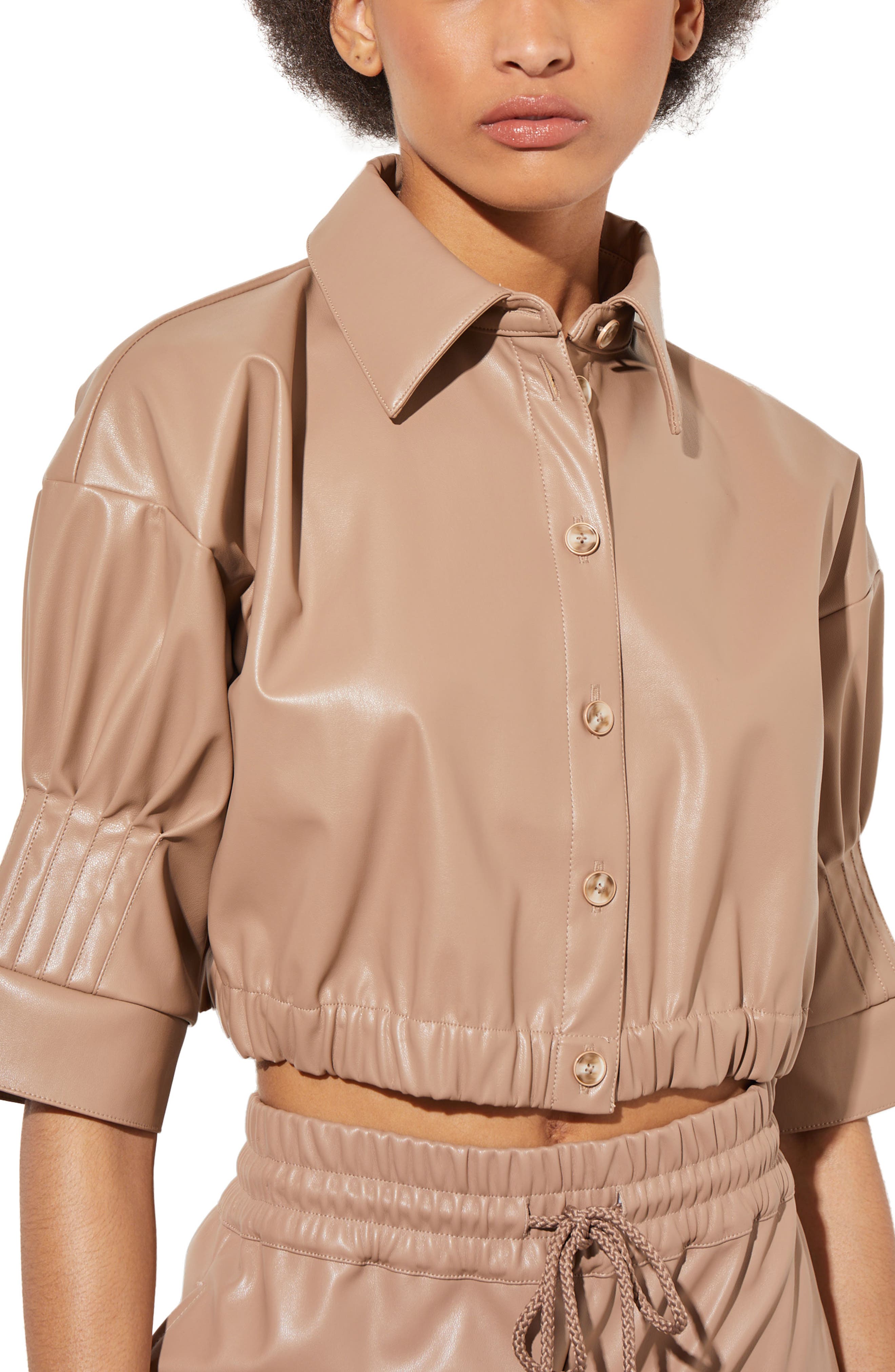 Ming Wang Faux Leather Crop Shirt