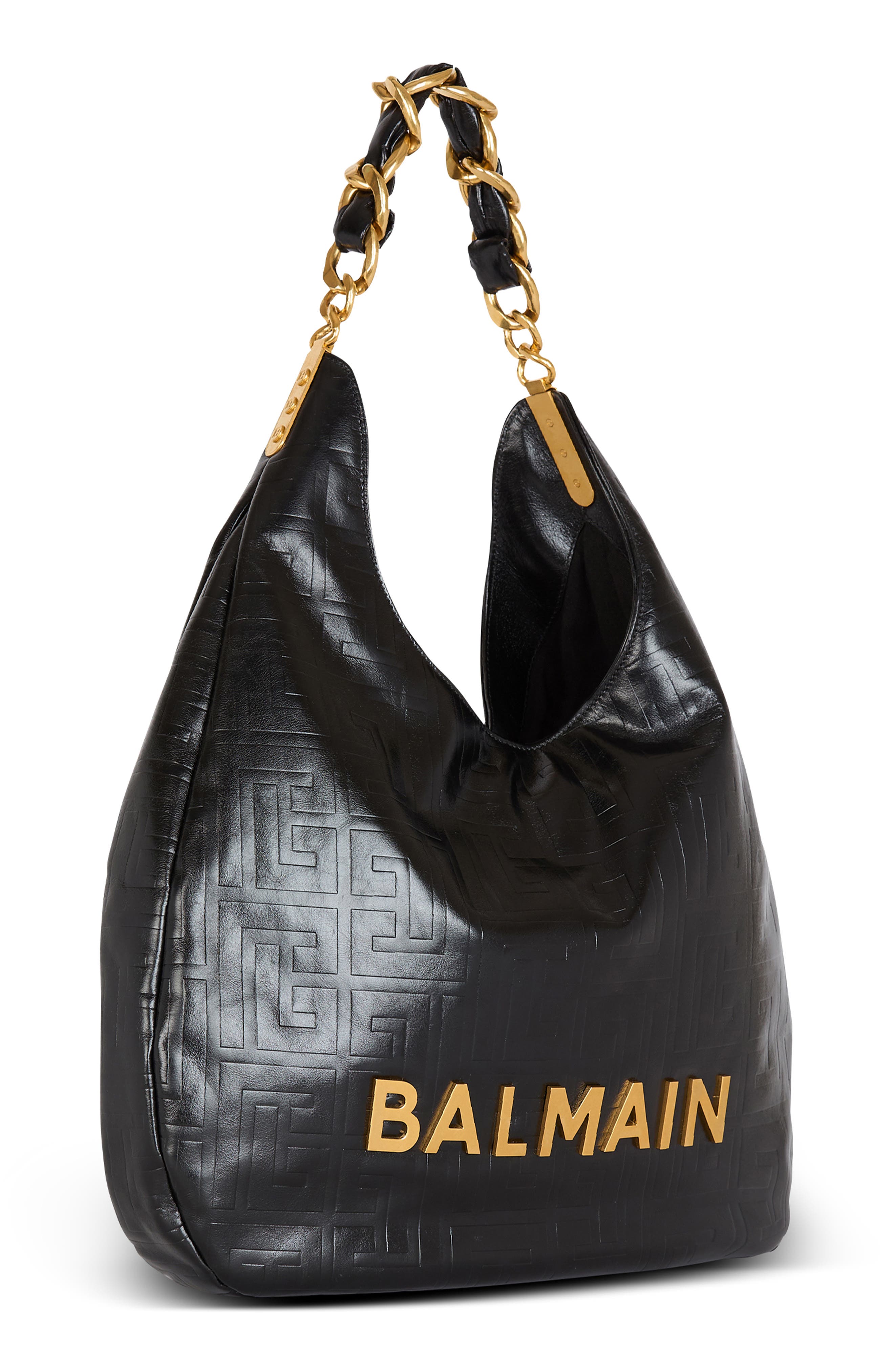 Balmain 1945 Soft Monogram Embossed Leather Hobo Bag, Alternate, color, 0Pa Black