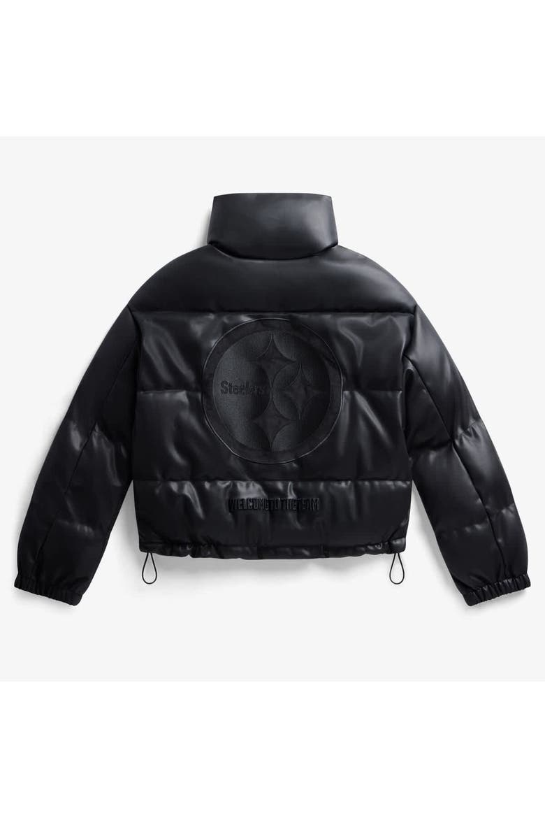 Women's  Black Pittsburgh Steelers Faux Leather Puffer Jacket, Alternate, color, Black