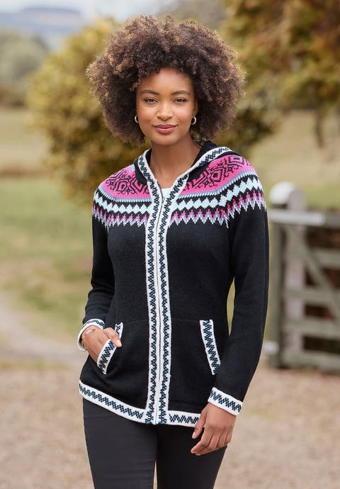 Fair Isle Drawstring V Neck Zip Hoodie