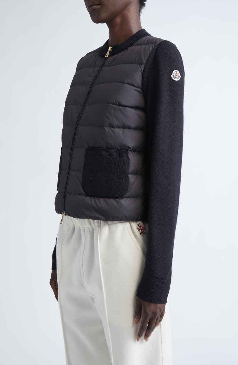 Moncler Virgin Wool Knit & Quilted Down Cardigan, Alternate, color, Black