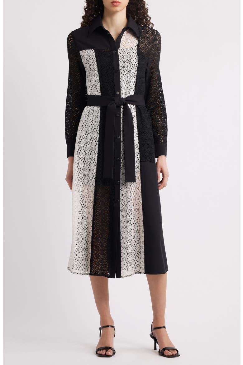 Tie Waist Long Sleeve Lace Midi Dress, Main, color, BLACK/ WHITE