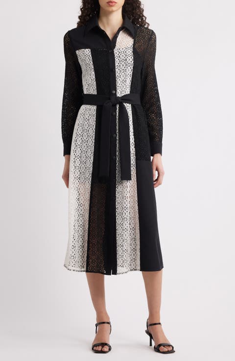 Tie Waist Long Sleeve Lace Midi Dress
