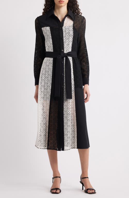 Misook Tie Waist Long Sleeve Lace Midi Dress In Black
