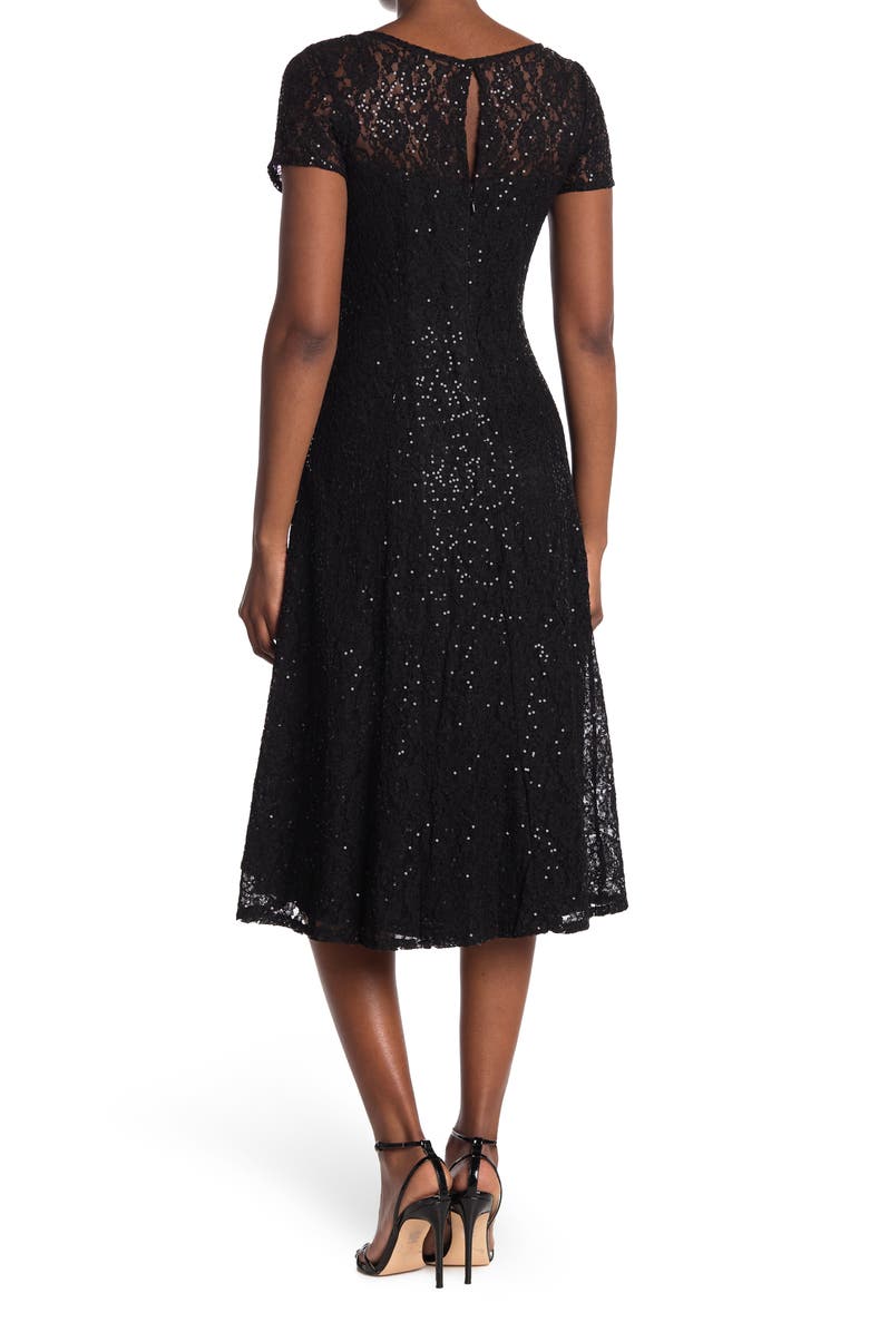 SL FASHIONS Cap Sleeve Metallic Lace Dress, Alternate, color,