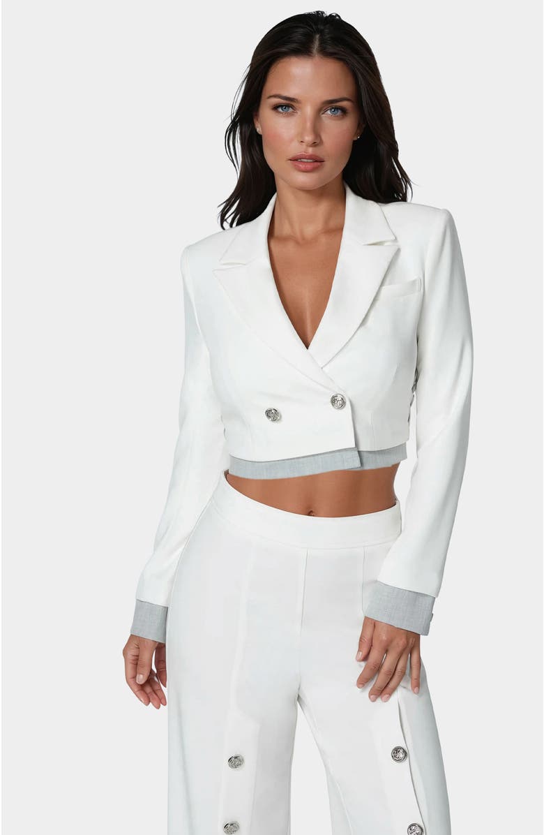 bebe Cropped Eyelet Blazer, Main, color, White Alyssum / Grey Melange