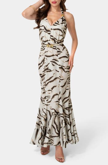 Bebe Women's Printed Halter Flare Maxi Dress, Size Small Polyester