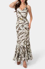bebe Animal Stripe Halter Maxi Dress