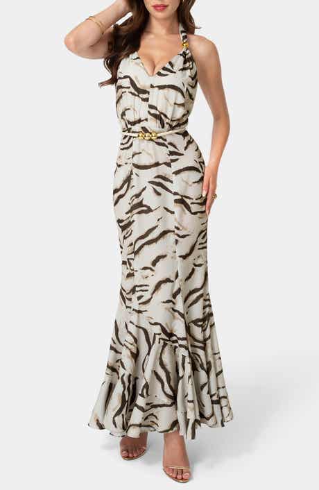 bebe Animal Stripe Halter Maxi Dress