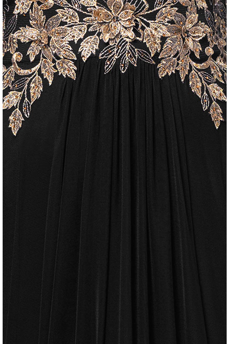 Metallic Floral Appliqué Long Sleeve Gown, Alternate, color, BLACK/ GOLD