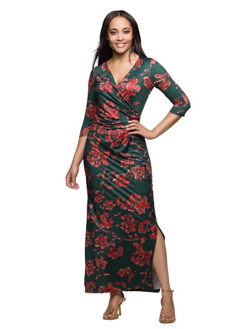 Floral Print Three Quarter Sleeve Side Slit Maxi Dress