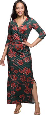 24seven Comfort Apparel Floral Print Three Quarter Sleeve Side Slit Maxi Dress