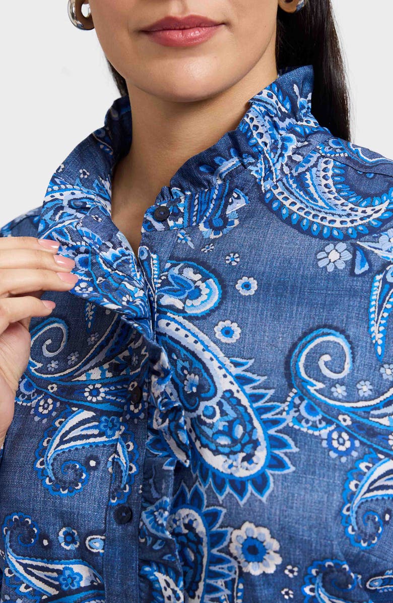 Foxcroft Sadie Paisley Ruffle Cotton Poplin Button-Up Shirt, Alternate, color, Blue Multi