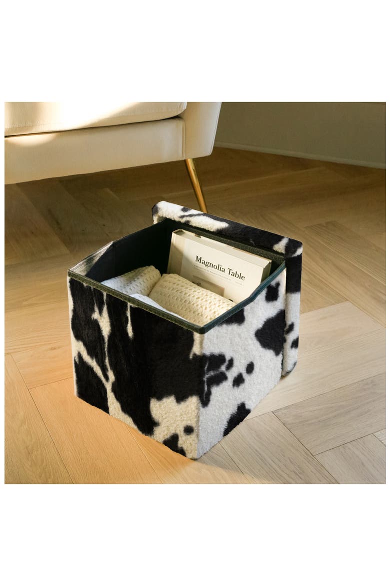 Small Cube Faux Fur Hide Stash Pouf, Alternate, color, BLACK/ WHITE