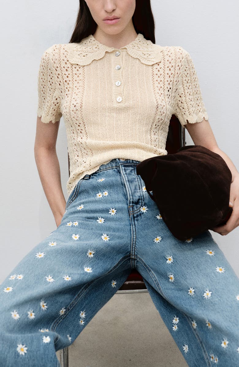 MANGO Massy Daisy Embroidered Wide Leg Jeans, Alternate, color, Medium Blue