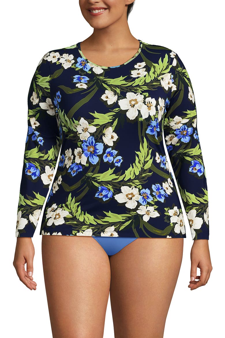 SunShade UPF 50 Long Sleeve Rash Guard Swim Tee, Main, color, Deep Sea/Blue Floral Tropic