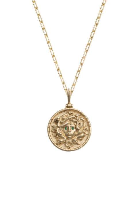 14k Gold Emerald Medusa Pendant Necklace