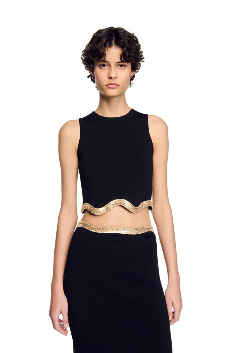 SANDRO Cropped sweater with chain detail, Alternate, color, Black