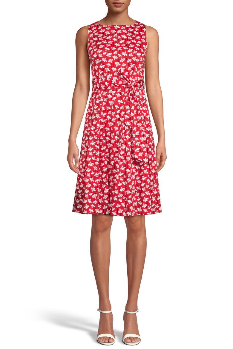 Floral Print Fit & Flare Dress, Main, color, POPPY/ WHITE COMBO