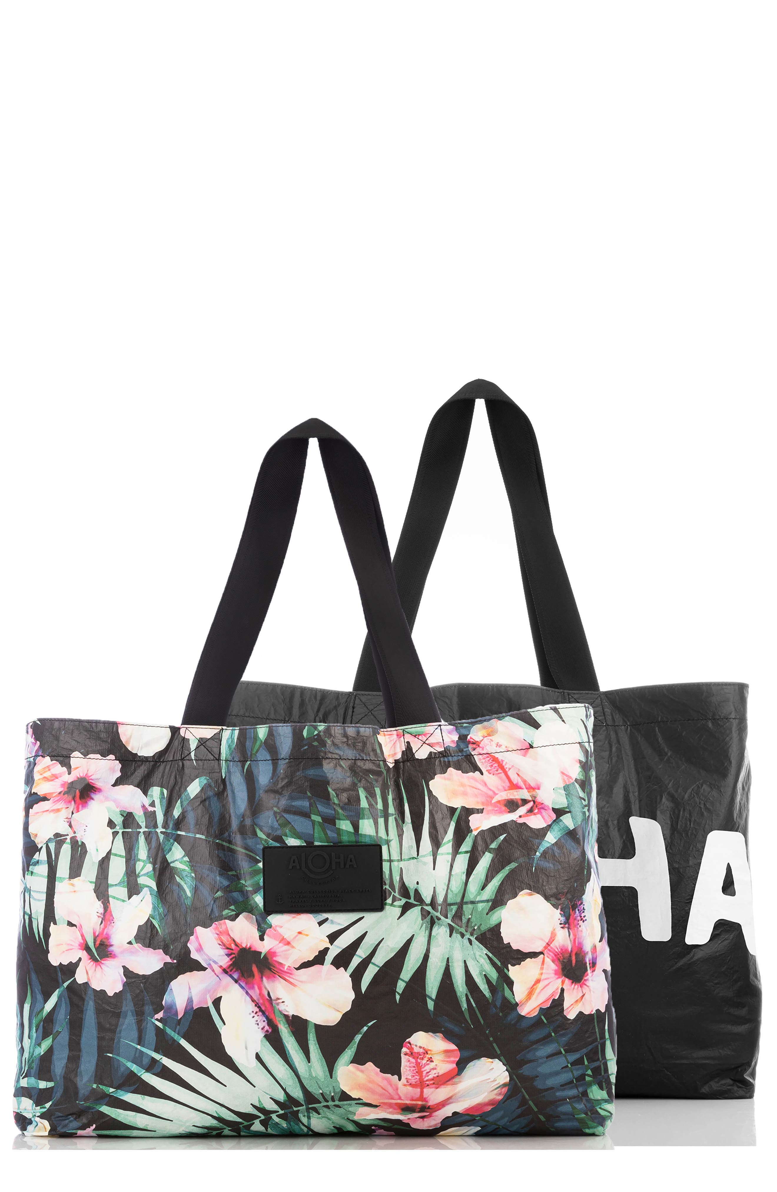 Aloha Collection Holo Holo Reversible Water Resistant Tyvek<sup>®</sup> Tote, Main, color, Hibiscus Palm