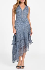 GUESS Loren Floral Embroidered Sleeveless Tiered Asymmetric Dress