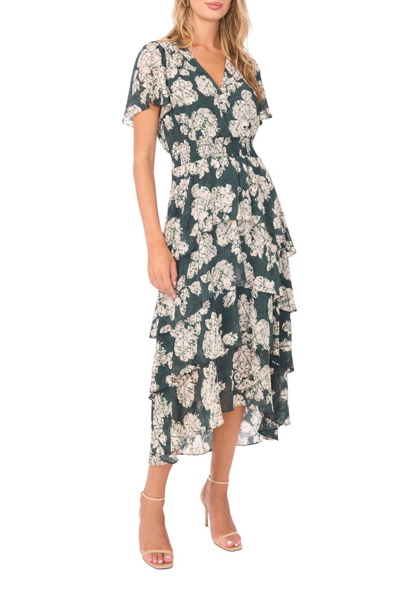 Floral Tiered Midi Dress, Main, color, FOREST NIGHT