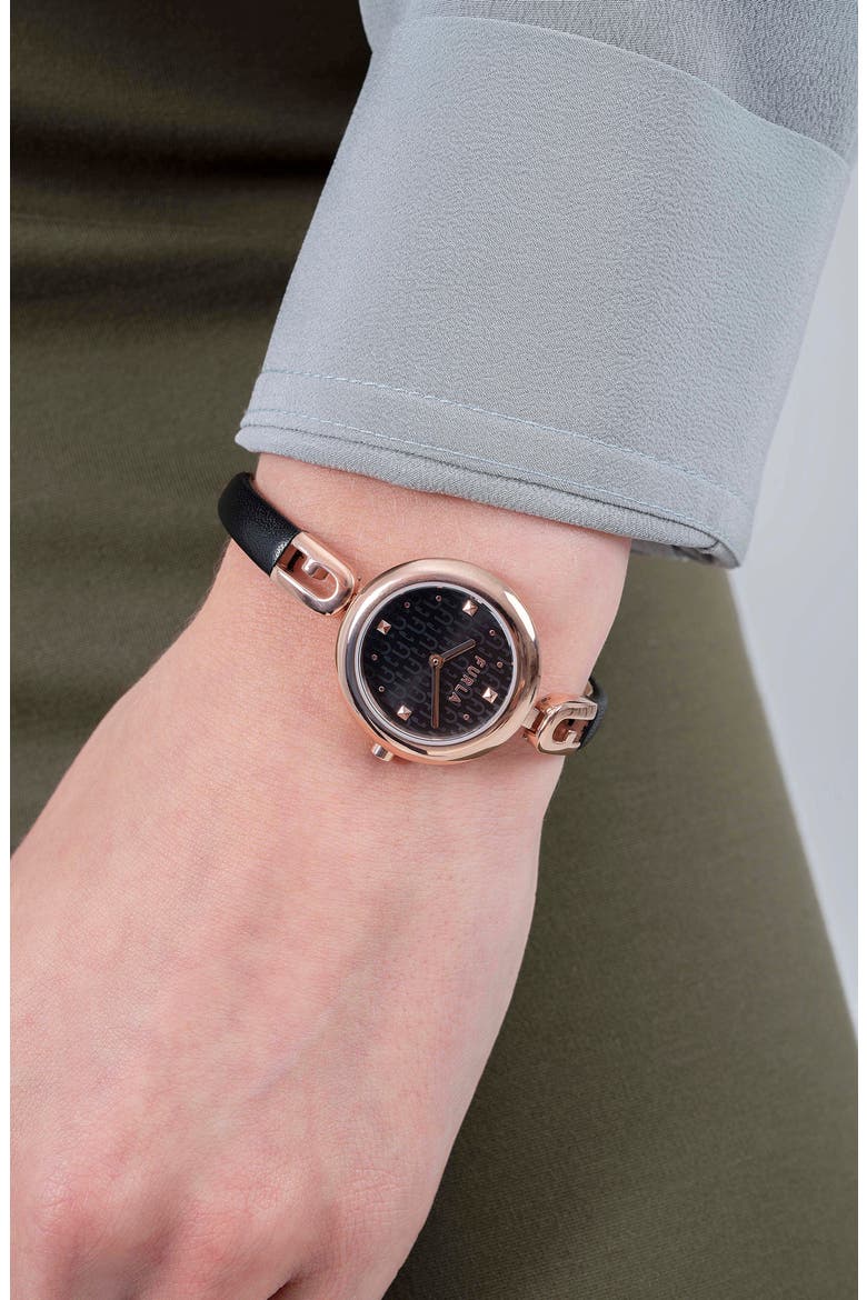 Bangle Leather Strap Watch, 28mm, Alternate, color, ROSE GOLD/ BLACK/ BLACK