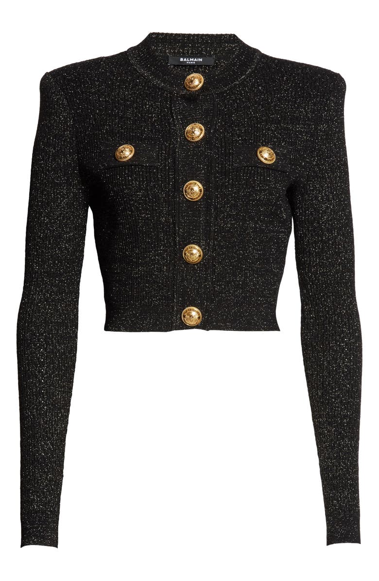 Balmain Metallic Knit Crop Sweater, Alternate, color, Noir