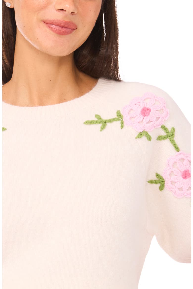 Floral Embroidered Short Sleeve Sweater, Alternate, color, BIRCH