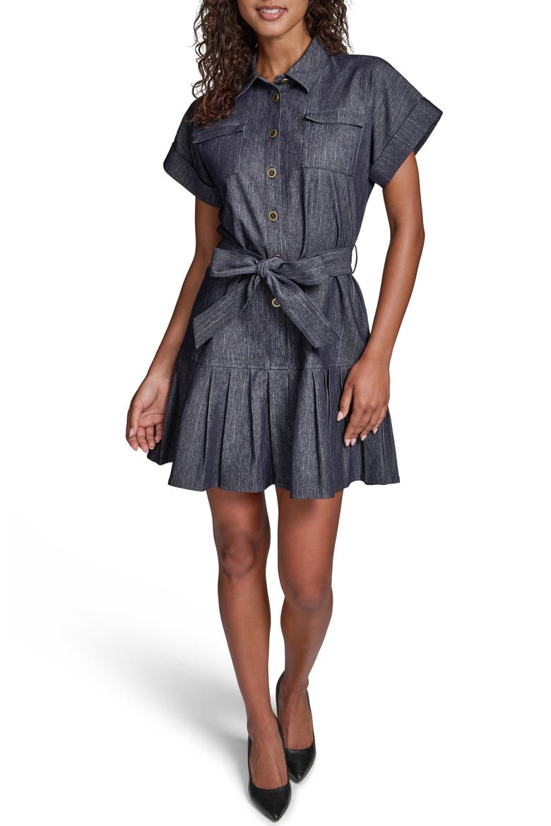 Pinstripe Tie Waist Denim Minidress, Main, color, DARK WASH