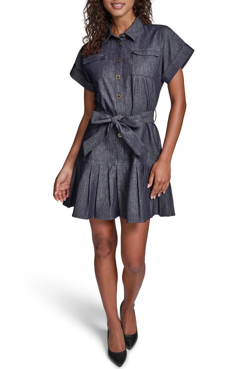 KARL LAGERFELD PARIS Pinstripe Tie Waist Denim Minidress, Main, color,