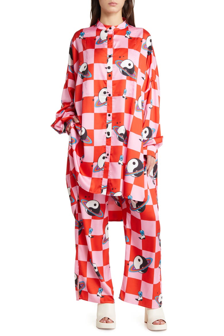 Oversize Button-Up Satin Shirt & High Waist Pants Set, Main, color, COSMIC COWGIRL