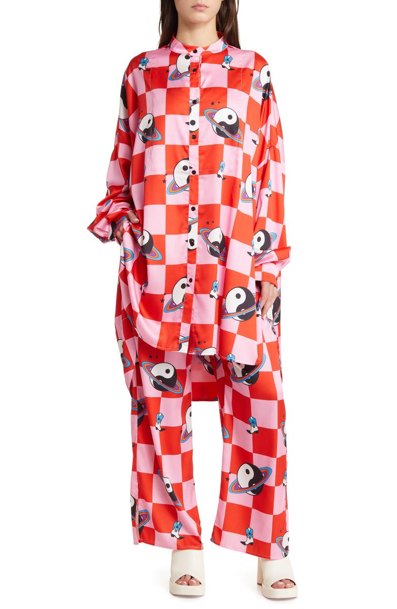 Dressed in Lala Oversize Button-Up Satin Shirt & High Waist Pants Set, Main, color,