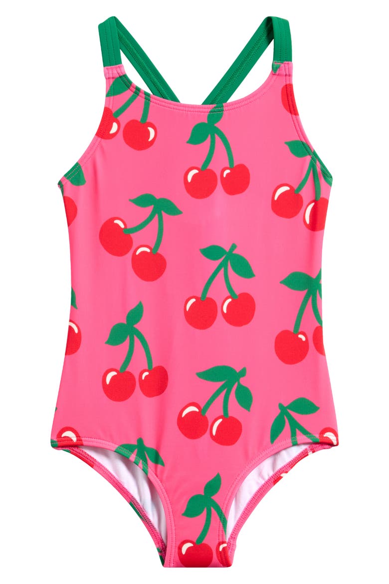 Kids' Cherry Print One-Piece Swimsuit, Main, color, SORBET PINK CHERRIES