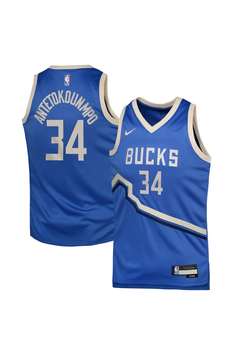 Nike Youth Nike Giannis Antetokounmpo Royal Milwaukee Bucks 2024/25 Swingman Player Jersey - City Edition, Main, color, 