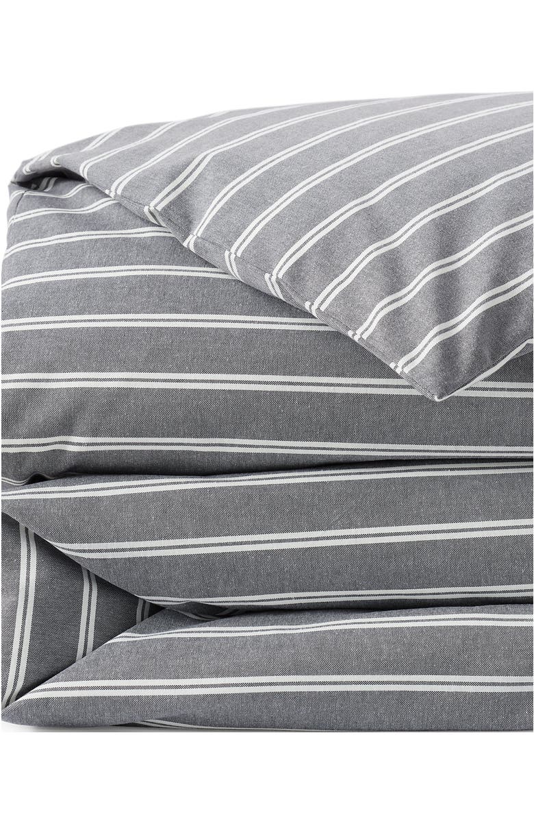 Lands' End Oxford Yarn Dyed Cotton Reversible Duvet Cover, Alternate, color, Black Slate/Graphite Stripe