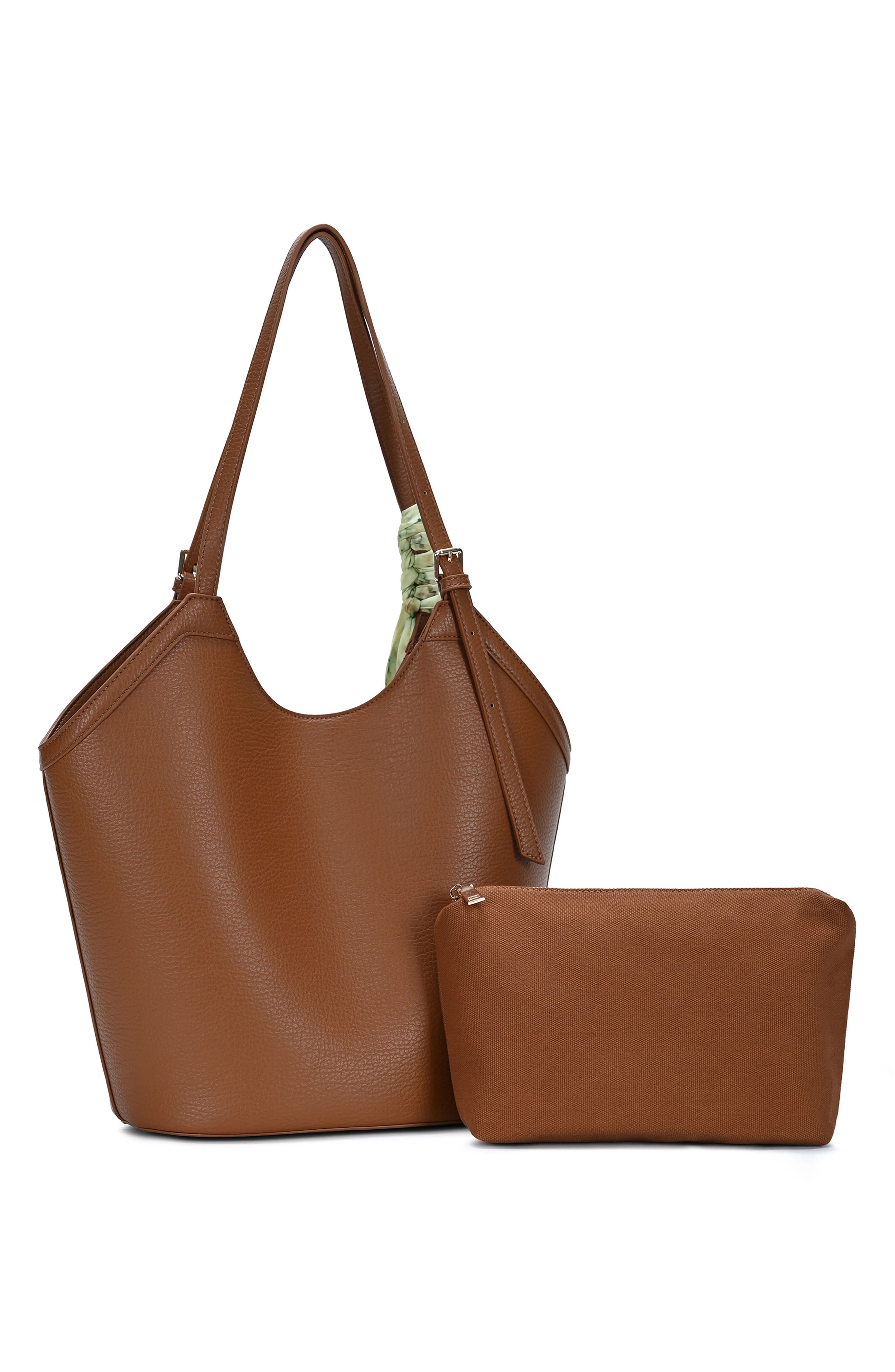 Faux Leather Tote with Scarf, Alternate, color, TAN