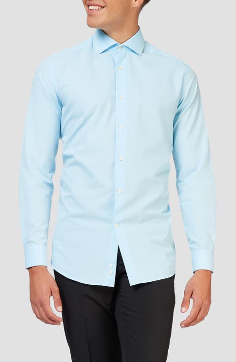 Cool Blue Modern Tailored Fit Wrinkle Resistant Button-Up Shirt