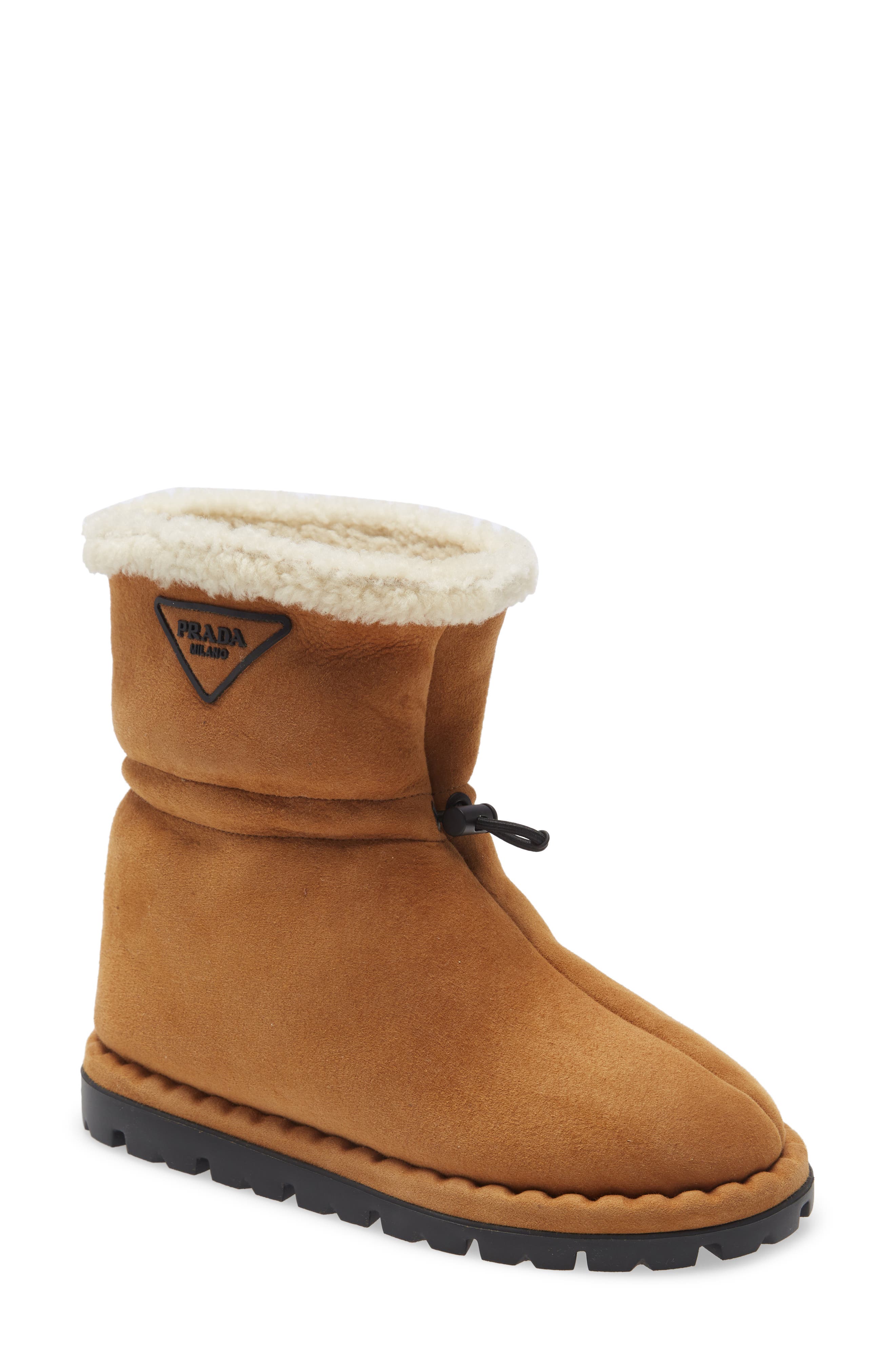 Prada Blow Logo Genuine Shearling Lined Bootie, Main, color, 