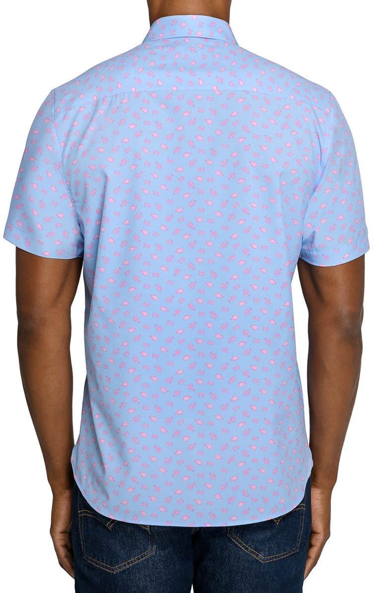 CONSTRUCT Slim Fit Crustaceans Woven Short Sleeve Basic Shirt, Alternate, color, Denim/Pink