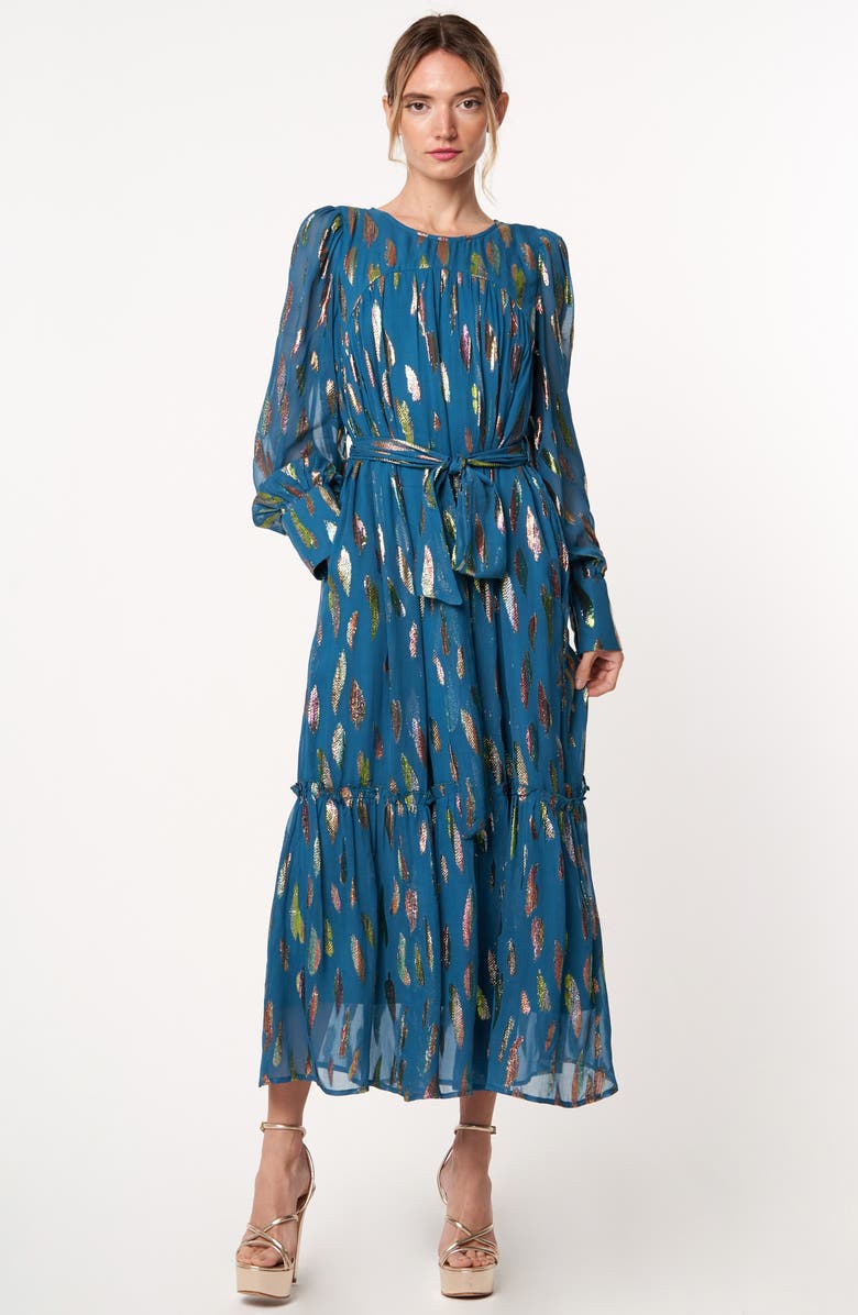 CIEBON Eryn Metallic Print Tie Waist Long Sleeve Maxi Dress, Alternate, color, Blue