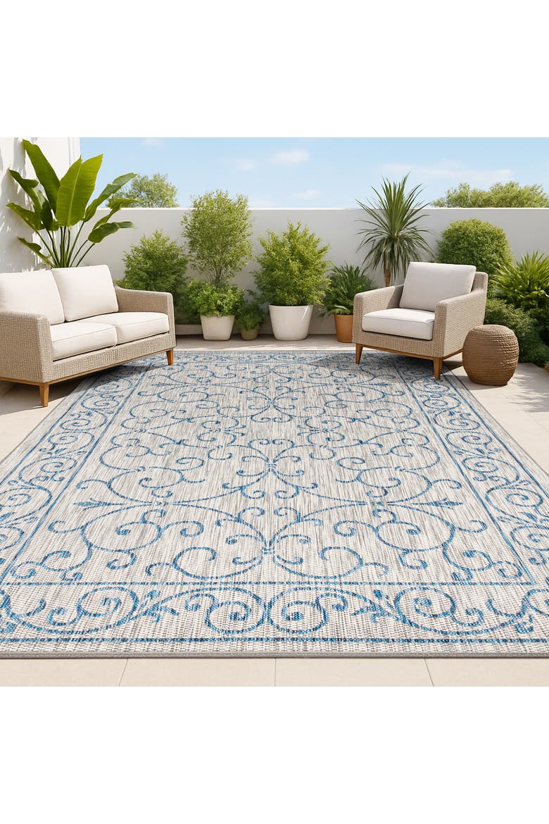 Charleston Vintage Filigree Textured Weave Indoor/Outdoor Area Rug, Alternate, color, Gray/Navy