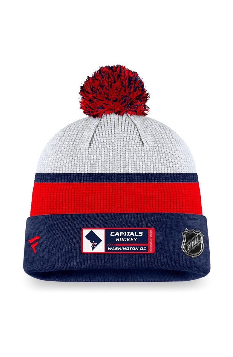 FANATICS Men's Fanatics Branded White/Navy Washington Capitals Authentic Pro Draft Cuffed Knit Hat with Pom, Alternate, color, 