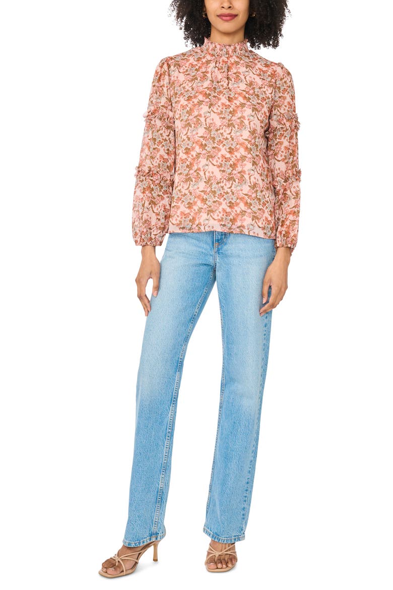 Floral Print Ruffle Top, Alternate, color, SAND/ RUST