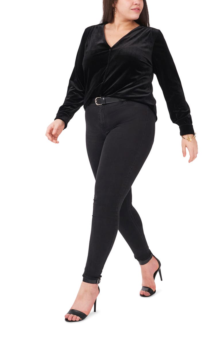 V-Neck Velvet Button Front Top, Alternate, color, RICH BLACK