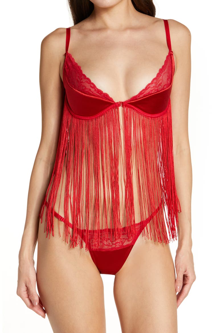 Lace & Fringe Underwire Bra & G-String Thong, Main, color, RED