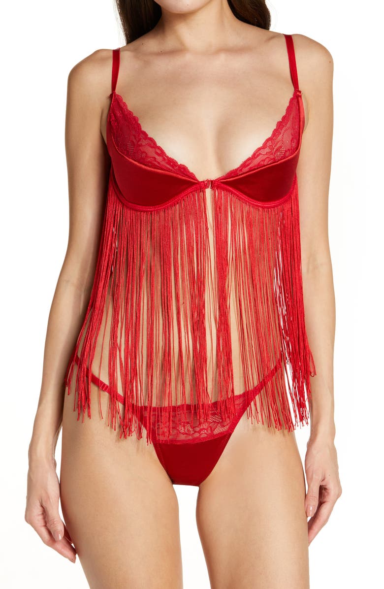 Coquette Lace & Fringe Underwire Bra & G-String Thong, Main, color, 